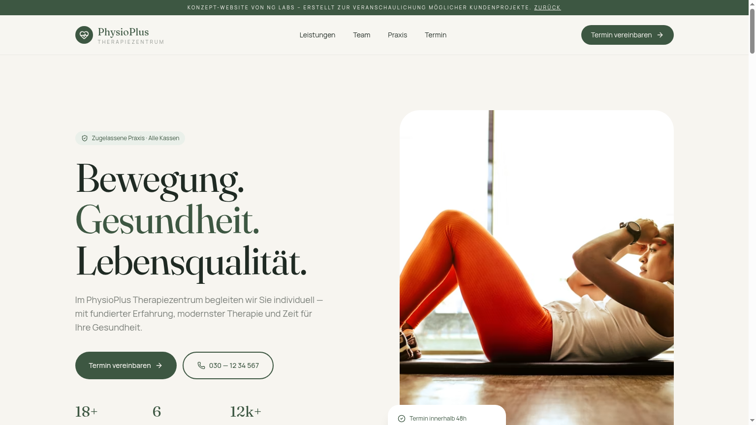 PhysioPlus Therapiezentrum – Konzept-Mockup